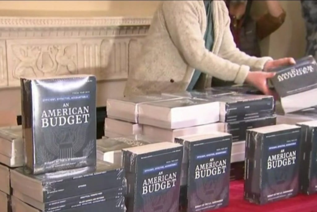 Copies of President Trump's $4.4 trillion budget are laid out at the US Capitol on Feb. 12
