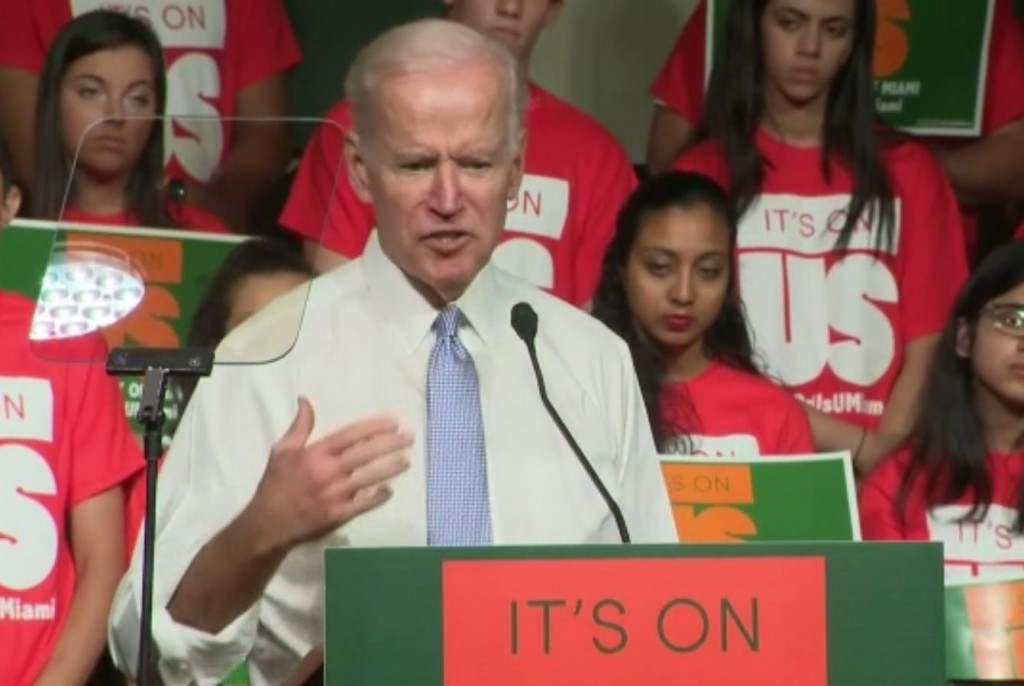 Former Vice President Joe Biden speaks at a rally against sexual assault at the University of Miami on March 20