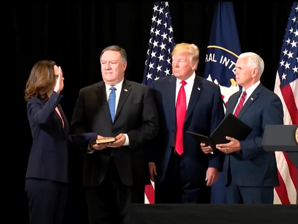 Gina Haspel sworn-in as CIA Director. She is alongside US Secretary of State Mike Pompeo