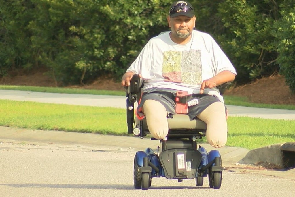 Sergio Quijano travels three days a week on his scooter to go across the street to Davita Dialysis.