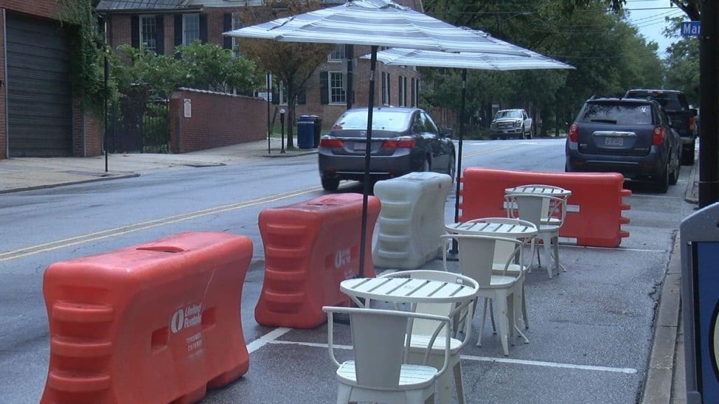 Table and chairs set up outside business
