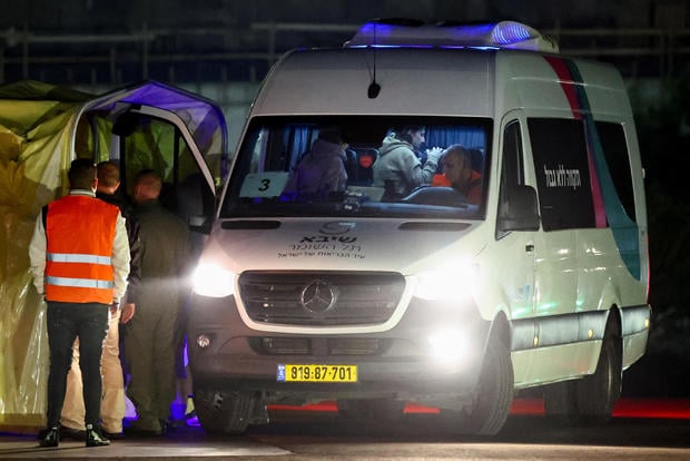 Newly released hostages arrive at Sheba Medical Center in Ramat Gan, Israel.