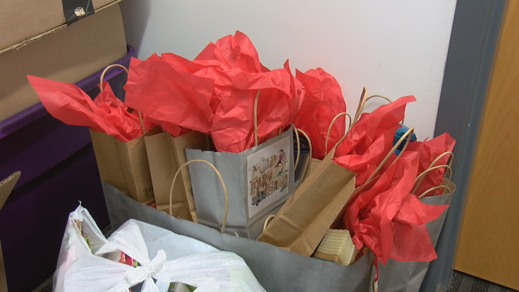Gifts collected by Burgaw Middle School students for families in need.