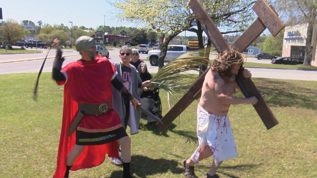 The Seaside Christian Fellowship of Ocean Isle Beach held a re-enactment of the crucifixion while walking down main street in Shallotte. The church's 11th annual Walk for Jesus is meant to mirror Jesus' walk to his crucifixion. (Photo:Nate Mauldin/WWAY)