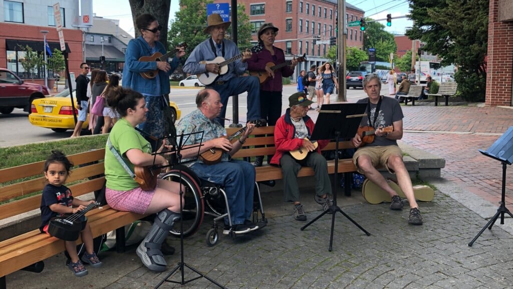 5 Ukuleles On A Bench