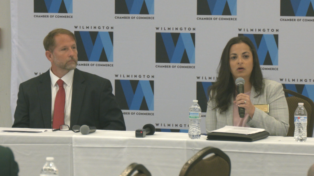 New Hanover and Pender County District Attorney Canidates Rebecca Zimmer Donaldson (D) and Jason Smith (R) sit down for a forum in Wilmington on October 22, 2024. (Photo: Nate Mauldin/WWAY)