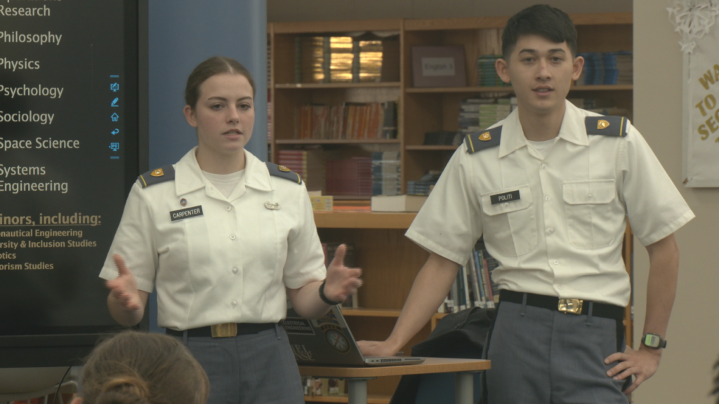 West Point Cadets Joseph Politi and Samantha Carpenter speak at South Brunswick High School on November 25, 2024. (Photo: Nate Mauldin/WWAY)