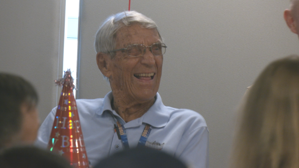 WWII Veteran Lewis Bourgault celebrates his 100th birthday aboard the Battleship North Carolina on May 9, 2025. (Photo: Nate Mauldin/WWAY)