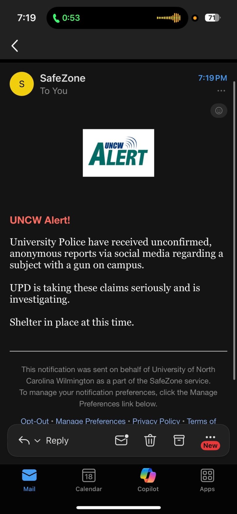Acw Alert UNCW issues all-clear after shelter-in-place Thursday night; Classes ...