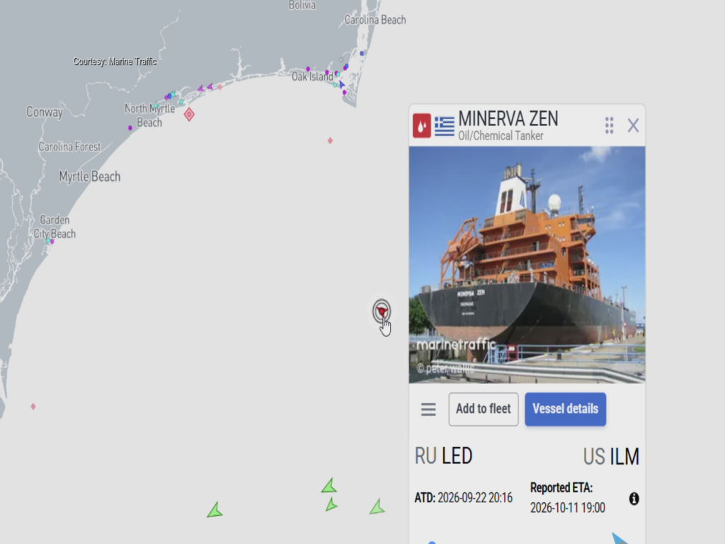 Marine Traffic Website showing the Minerva Zen near Wilmington