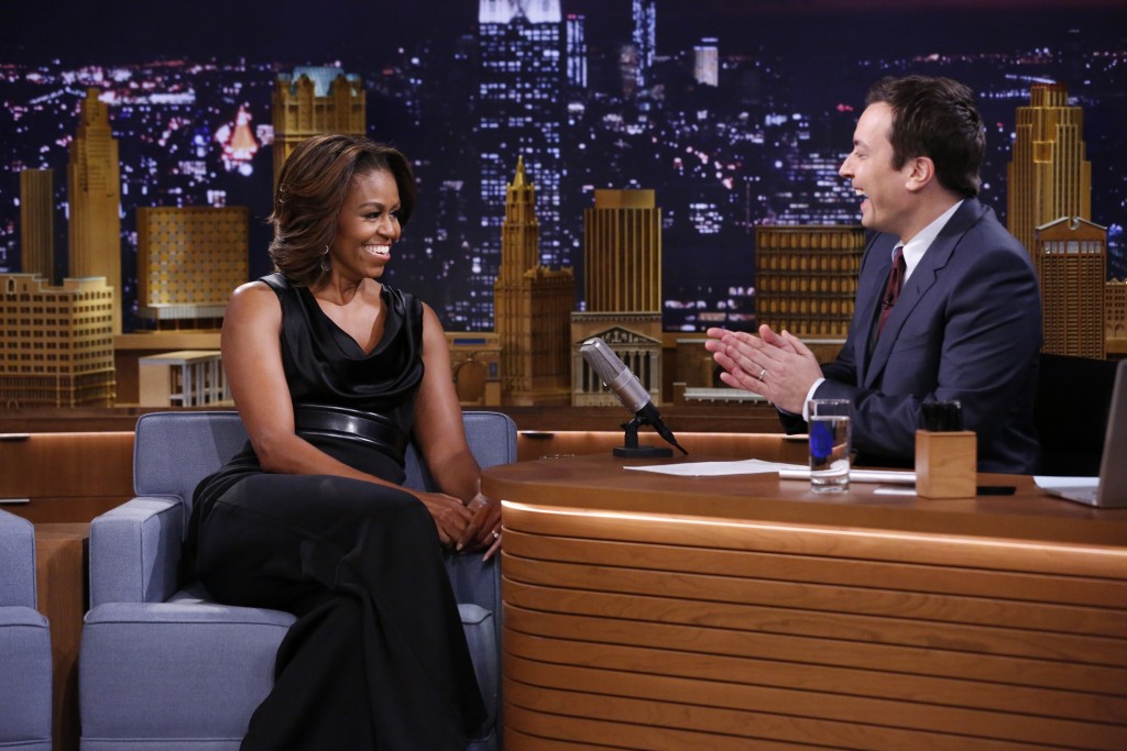 THE TONIGHT SHOW STARRING JIMMY FALLON -- Episode 0004 -- Pictured: (l-r) First Lady Michelle Obama during an interview with host Jimmy Fallon on February 20