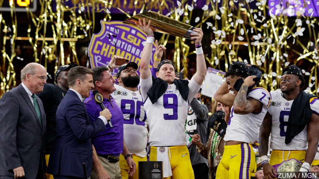 LSU Tigers hoists the national championship trophy after winning the NCAA College Football Playoff National Championship at Mercedes-Benz Superdome
