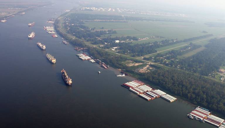 This Friday 2005 file photo shows ships and cargo containers along the Mississippi River in this aerial view