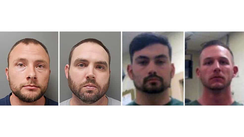 This combination of photos provided by the Ouachita Correctional Center and Franklin Parish Sheriff's Office shows Louisiana State Police Troopers Jacob Brown