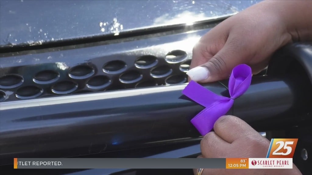 Tying Purple Ribbon On Police Cars For Domestic Violence Awareness Month