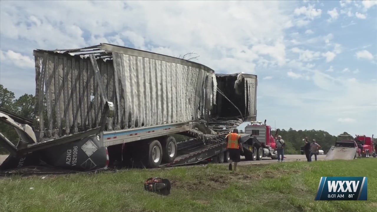 Two 18-wheelers catch fire on I-10 after crash Sunday morning - WXXV ...