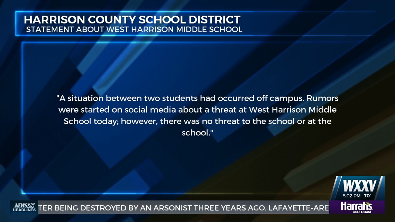 Statement about rumored threats at West Harrison Middle School WXXV