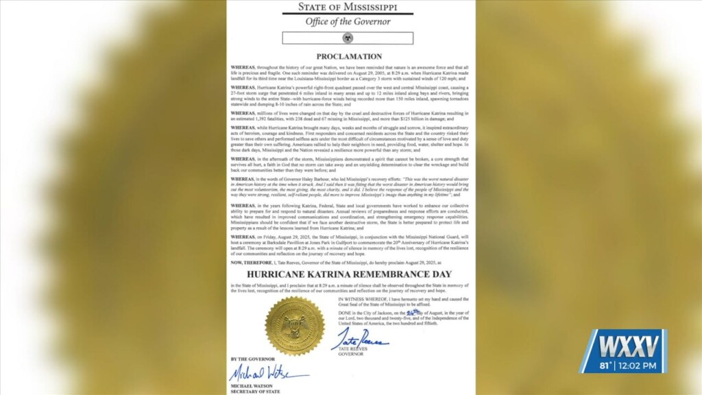 August 29 Proclaimed As Hurricane Katrina Remembrance Day