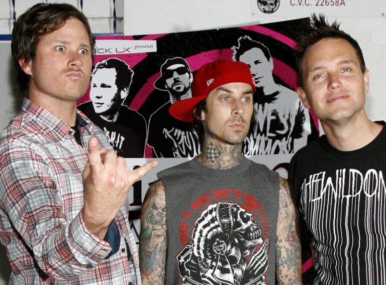 Blink 182 Band Members Delonge, Barker And Hoppus Pose At Party To Launch Their Summer Tour At El Compadre Restaurant In Los Angeles