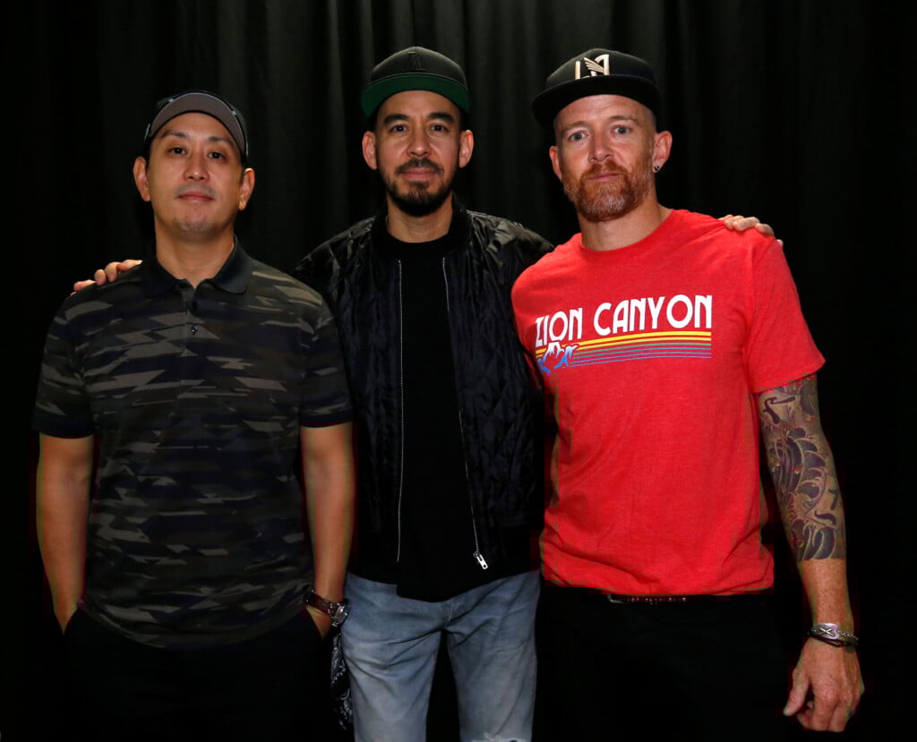 Linkin Park Members Hahn, Shinoda And Farrell Pose Backstage At The End Of The "linkin Park & Friends Celebrate Life In Honor Of Chester Bennington" Concert At Hollywood Bowl In Los Angeles